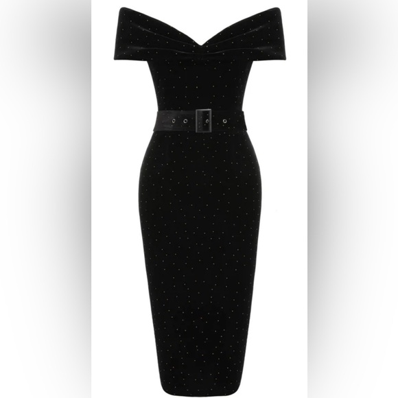 Black 1960s Off-Shoulder Rhinestones Velvet Dress Size XL 10/12 - Picture 2 of 8